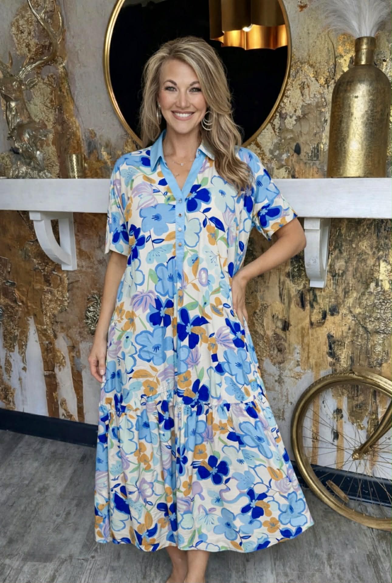 Blue Mix Floral Button Neck Collared Tiered Midi Dress
