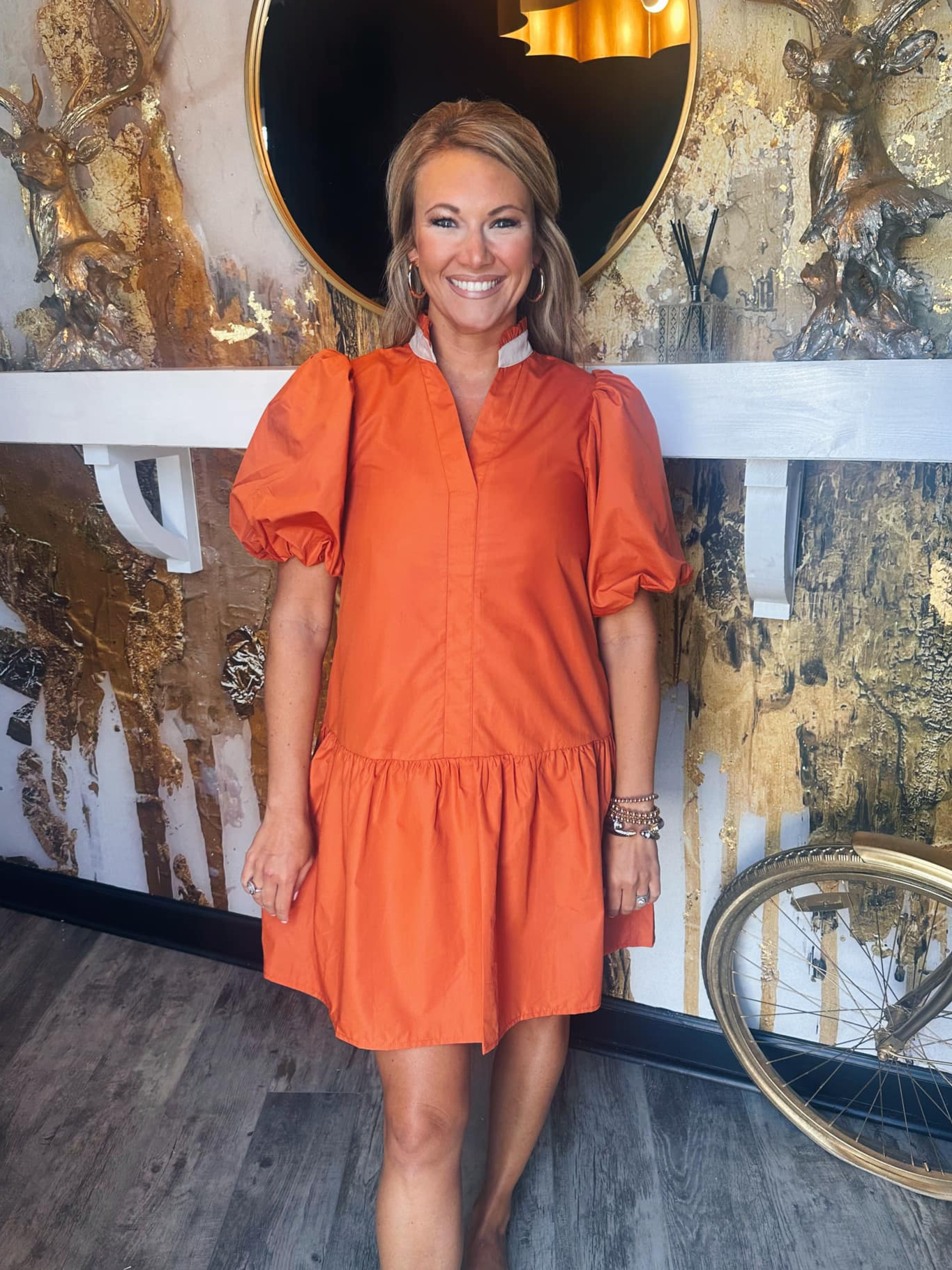 Puff Sleeve V-Neck Dress In Rust