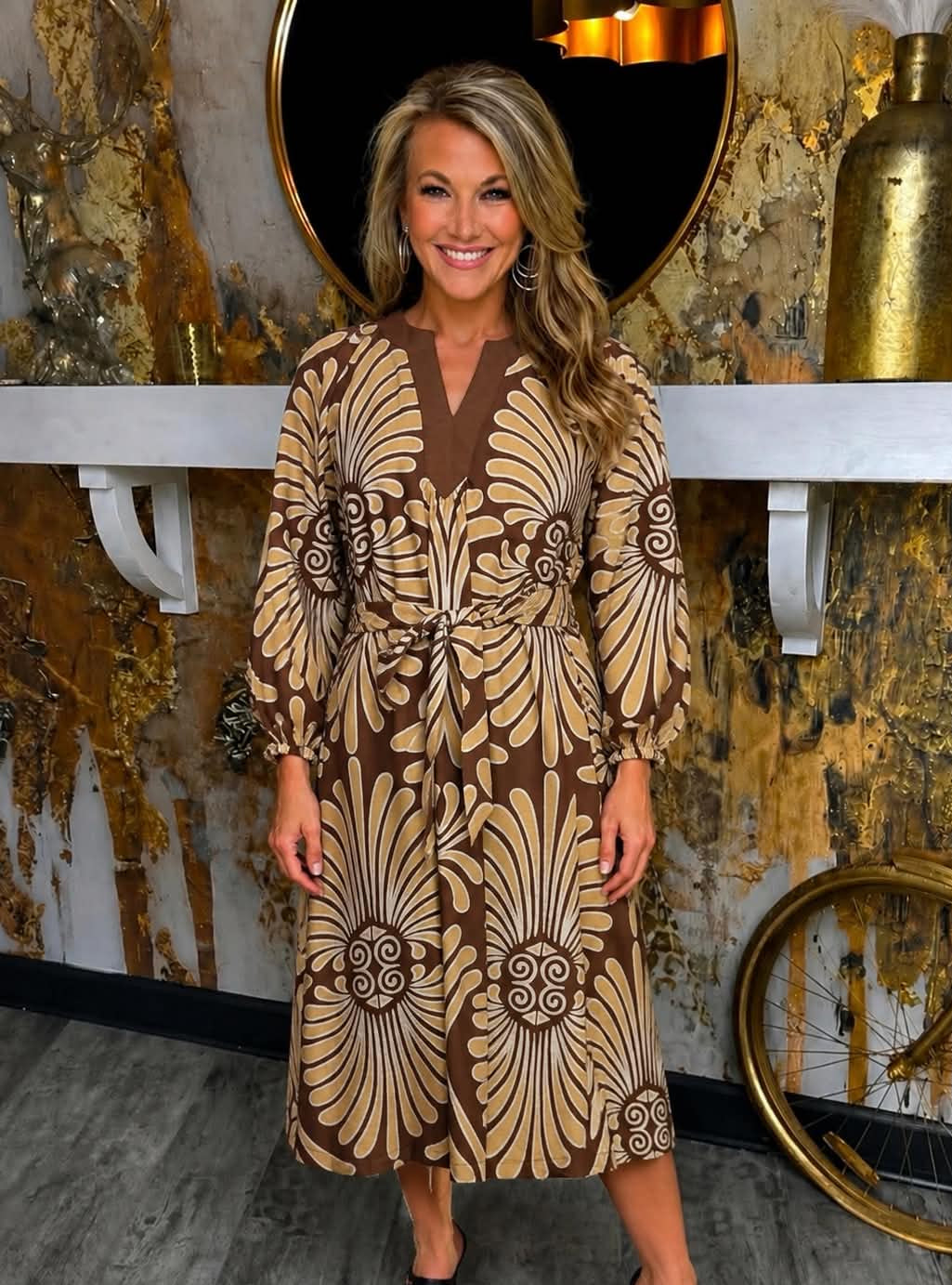 Brown Abstract Print Midi Dress