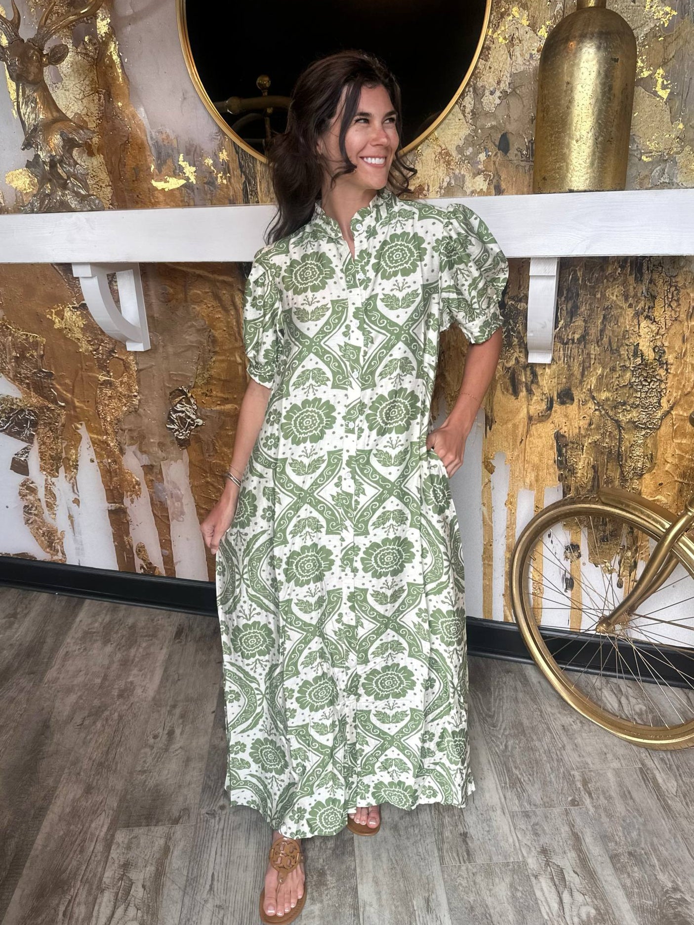 Green Puff Sleeve Button Down Maxi Dress