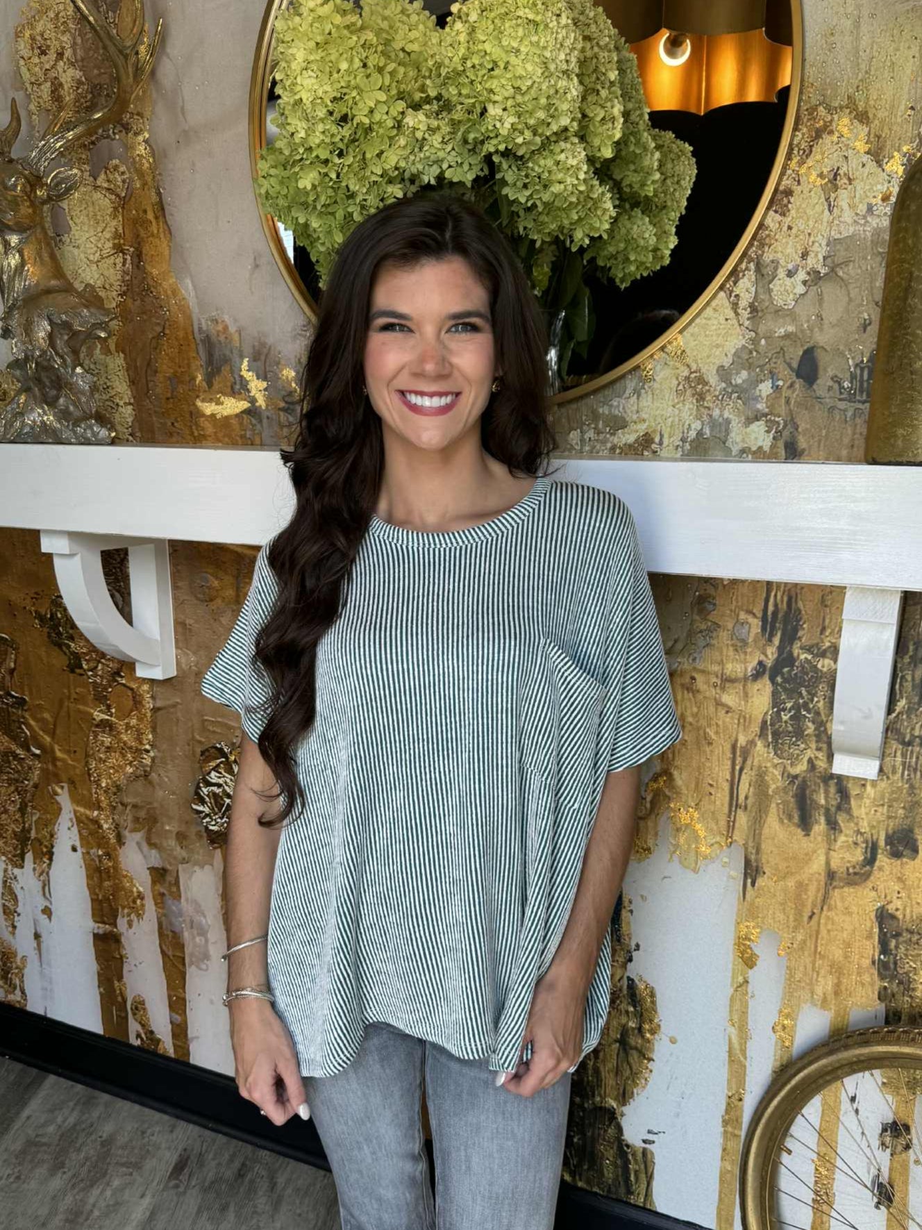 Hunter Green Corded Rib Oversized Short Sleeve Top