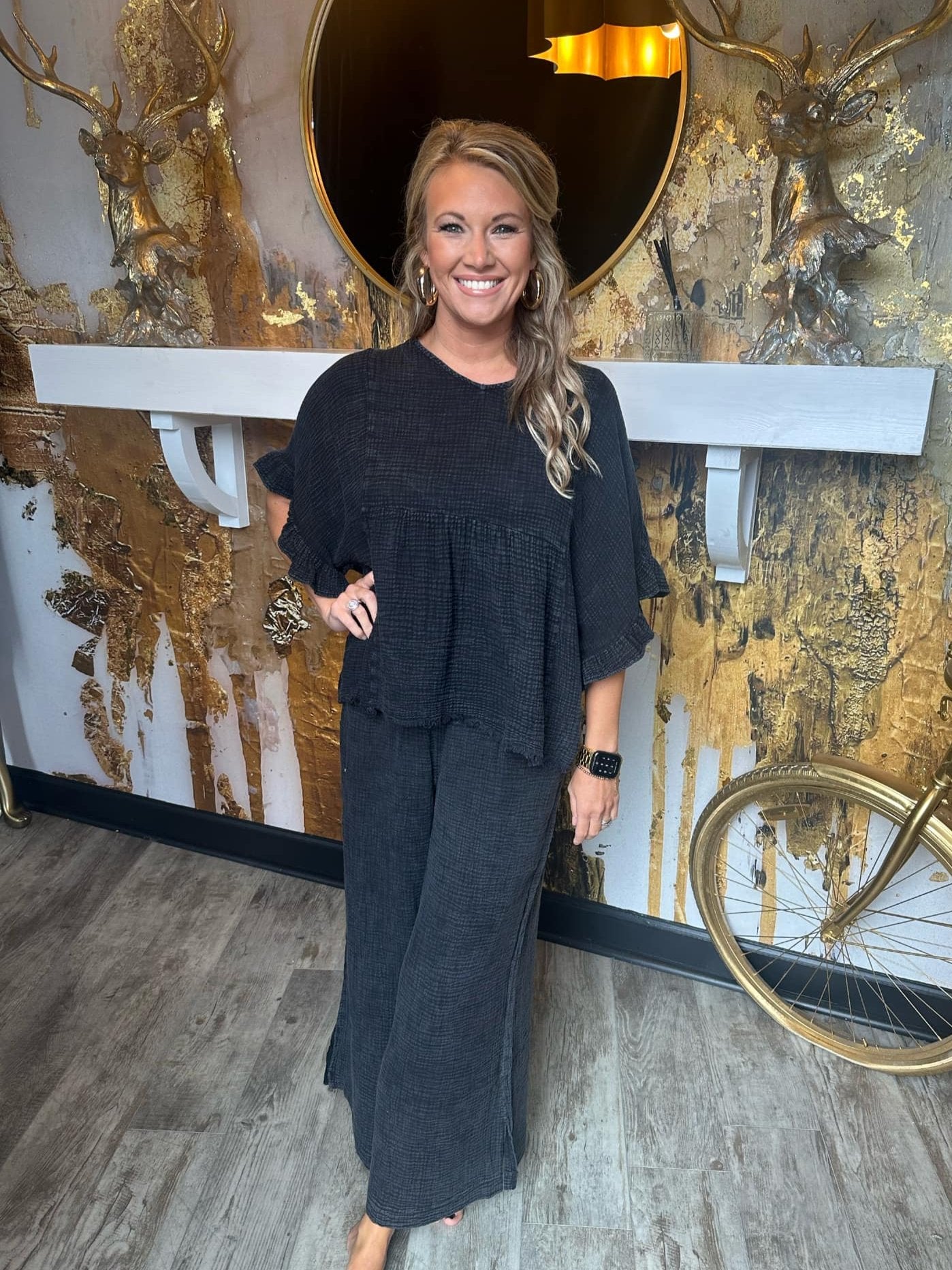 Charcoal Mineral Wash Gauze Wide Leg Pants