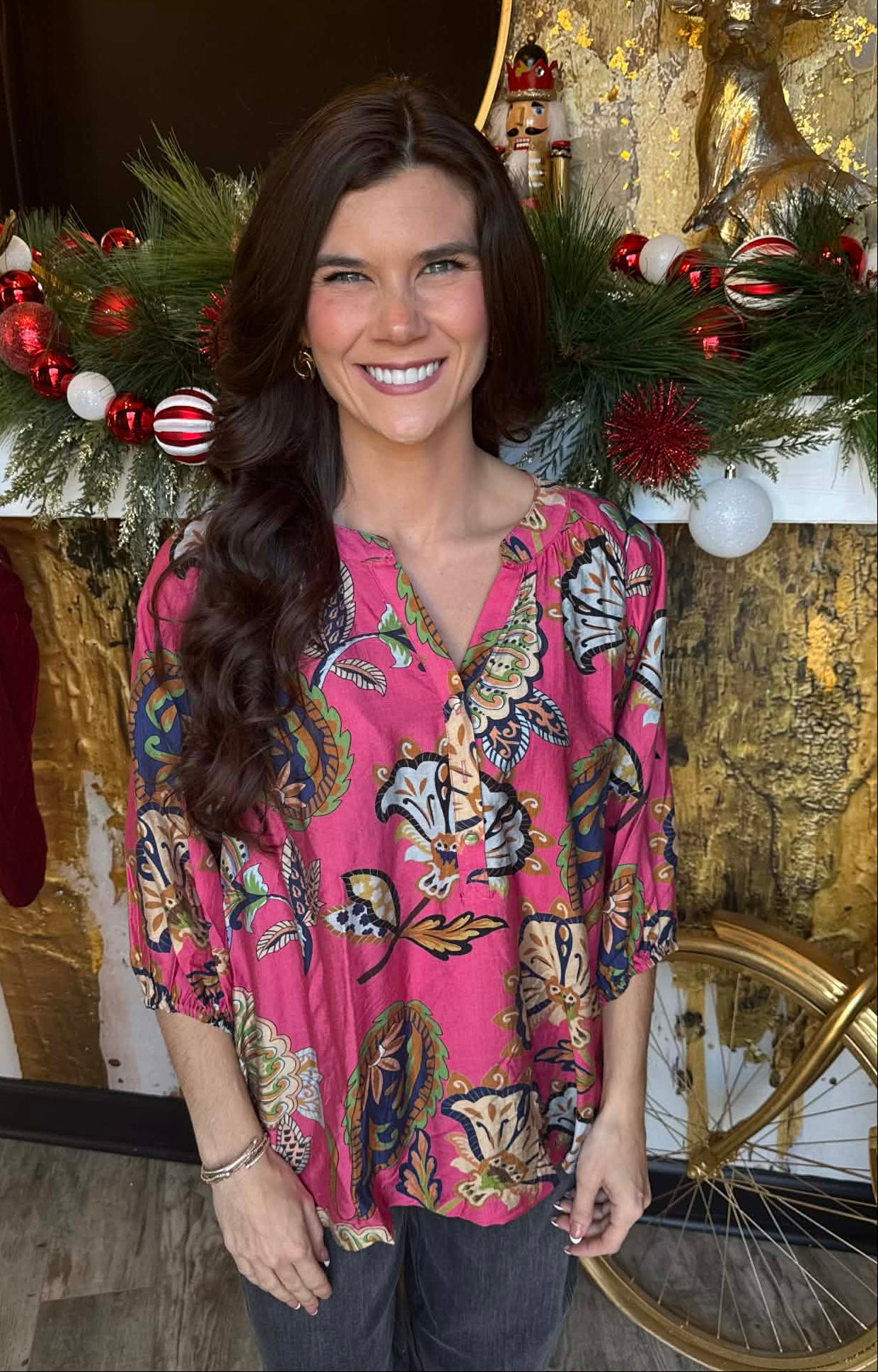 Pink Boho Paisley Puff Sleeve Blouse