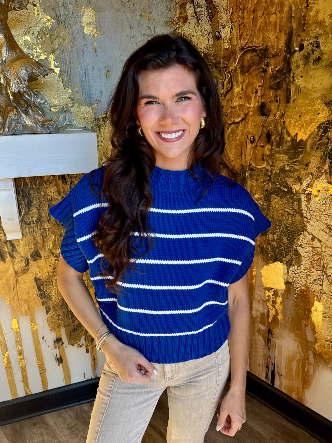 Royal Striped Cropped Mock Neck Sweater