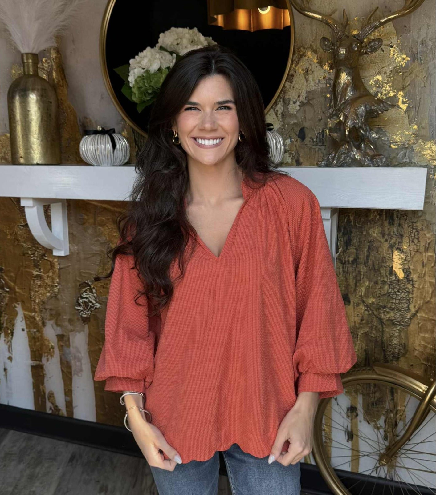 Rust Split V Neck Top with Balloon Sleeves