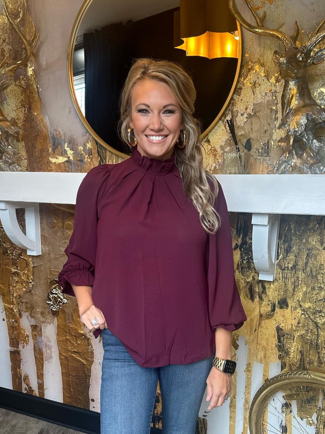 Plum Solid Woven Ruffle Top with Back Tie