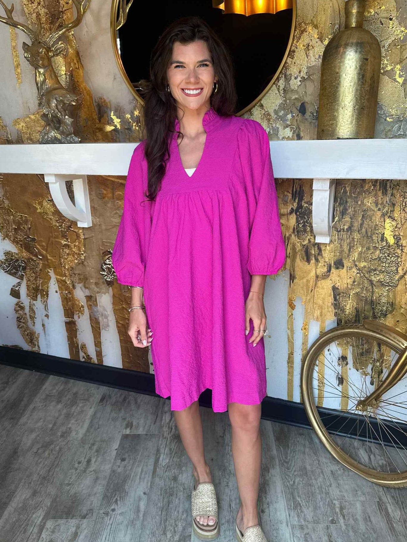 Magenta Textured Puff Sleeve Babydoll Dress