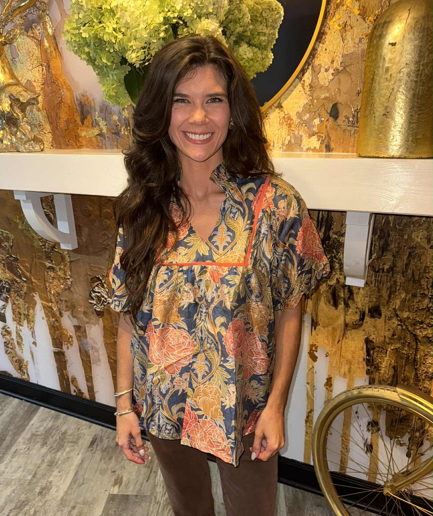 Navy Mix Floral Puff Sleeve Peasant Blouse