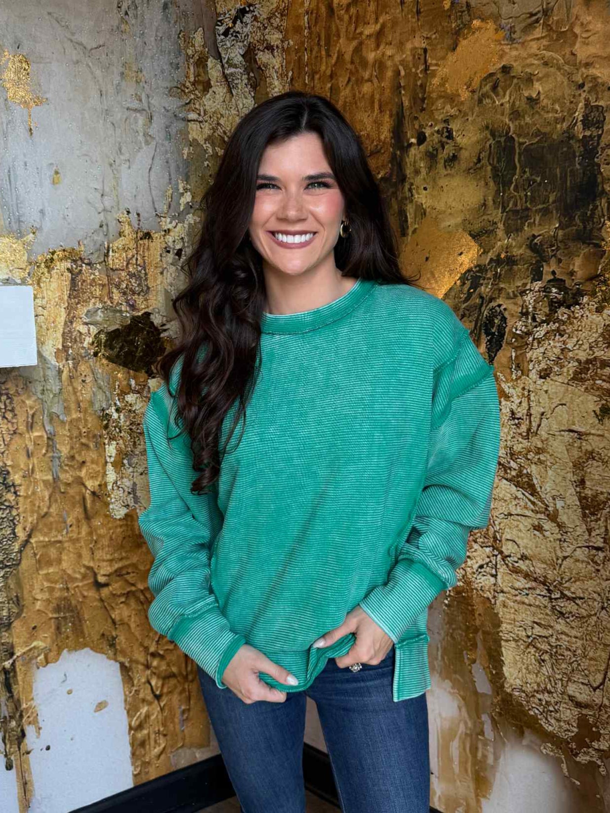Green Acid Washed Double Ribbed Exposed-seam Pullover