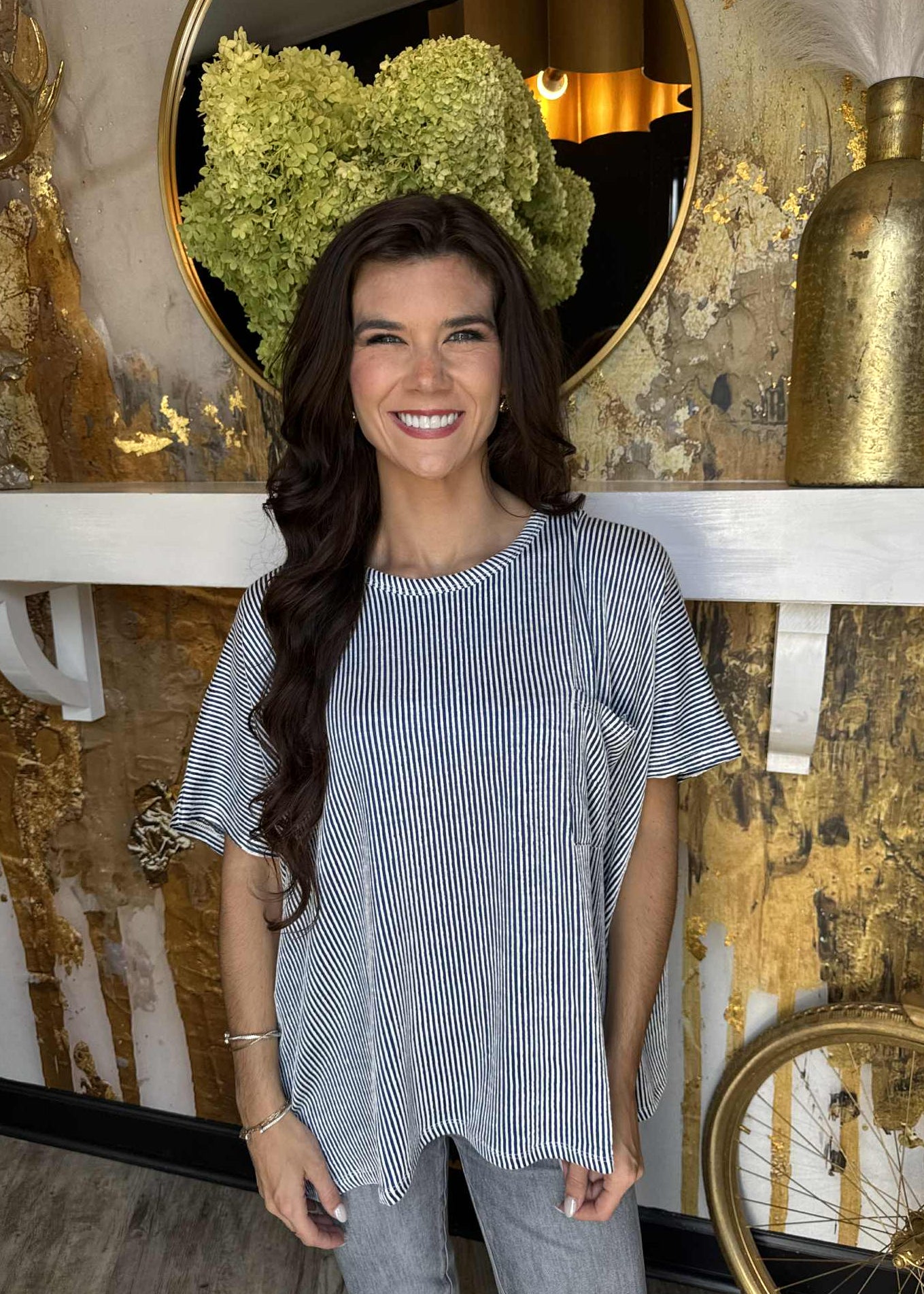 Light Navy Corded Rib Oversized Short Sleeve Top