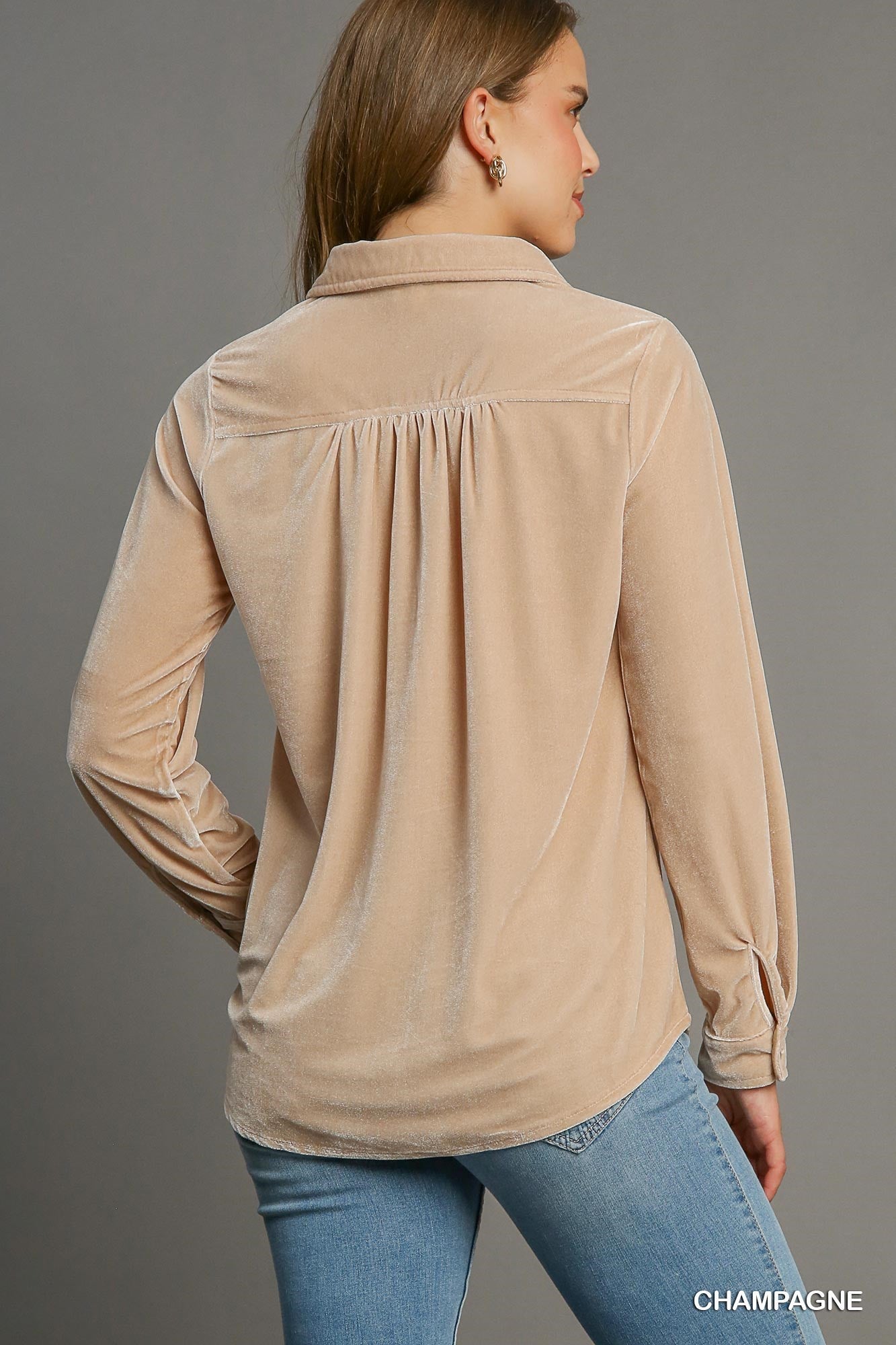 Champagne Almond Long Sleeve Velvet Top