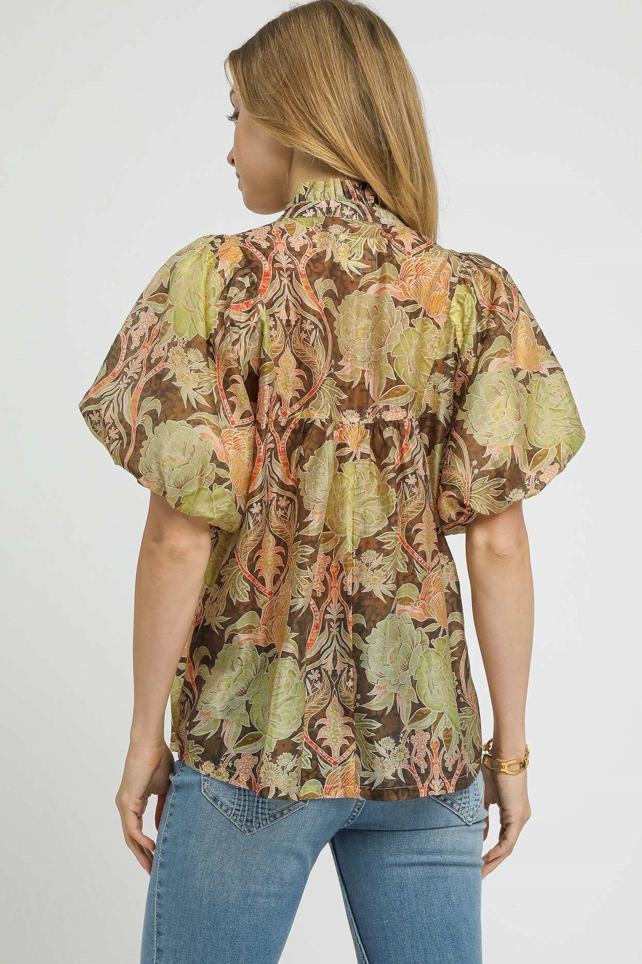 Brown Mix Floral Puff Sleeve Peasant Blouse
