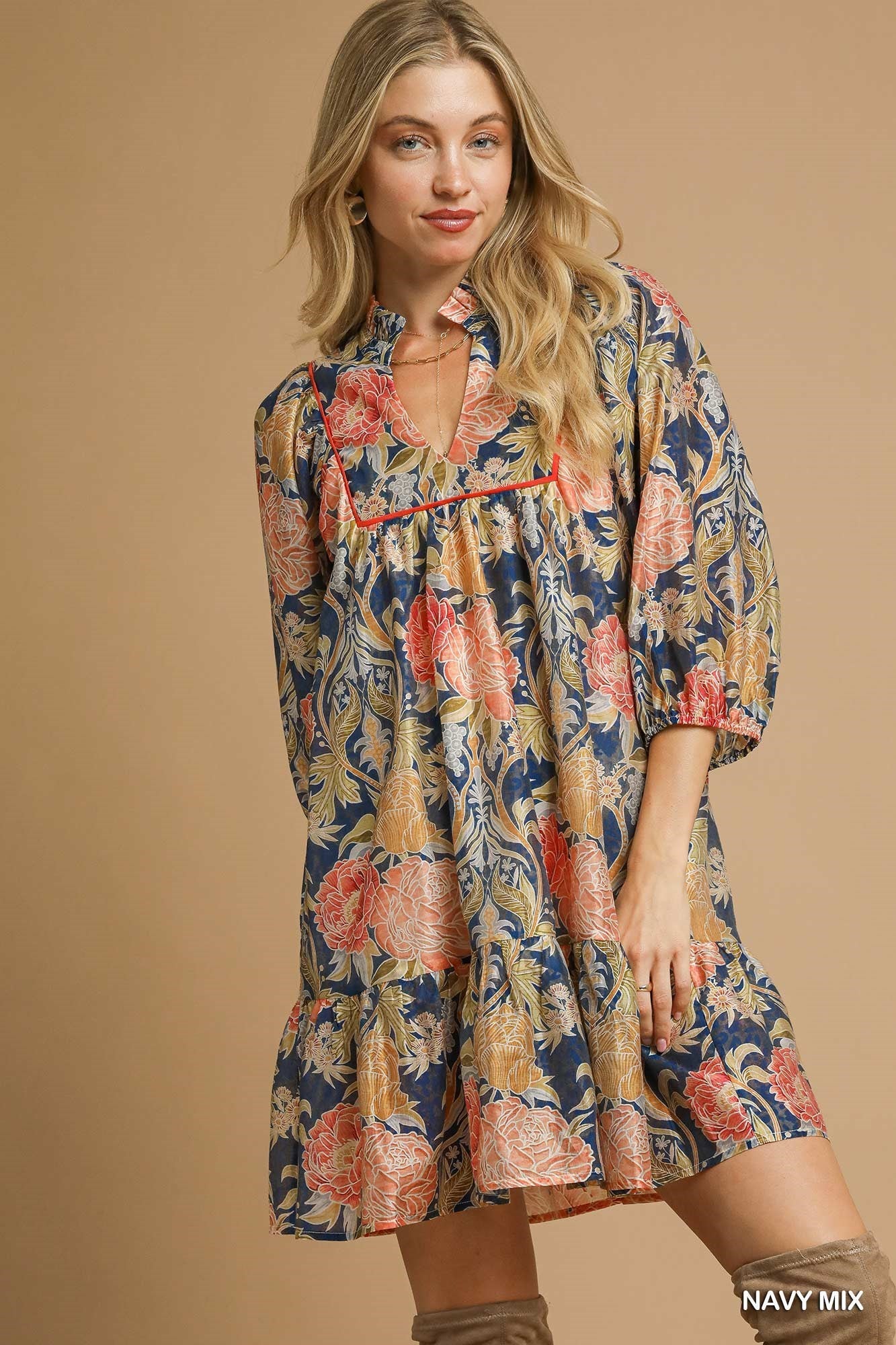 Navy Abstract Print Puff Sleeve Mini Dress