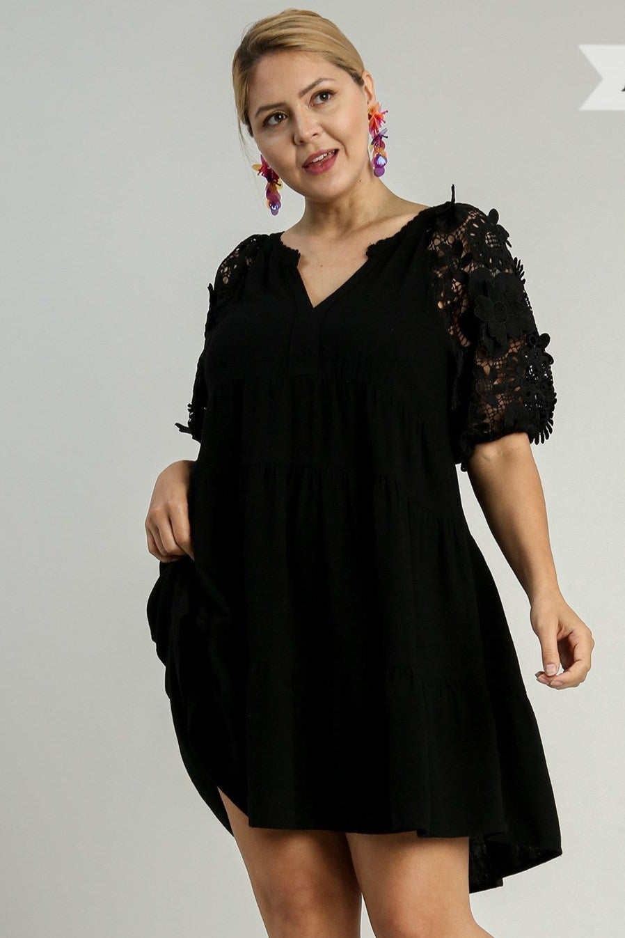 Plus Black Linen Tiered Split Neck Dress