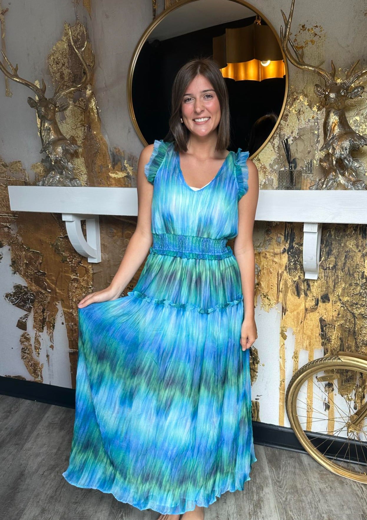 Watercolor Print Pleated Chiffon Maxi Dress