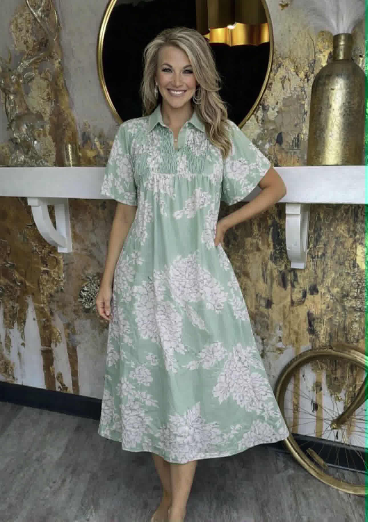Sage Mix Floral Print Short Puff Sleeve Midi Dress