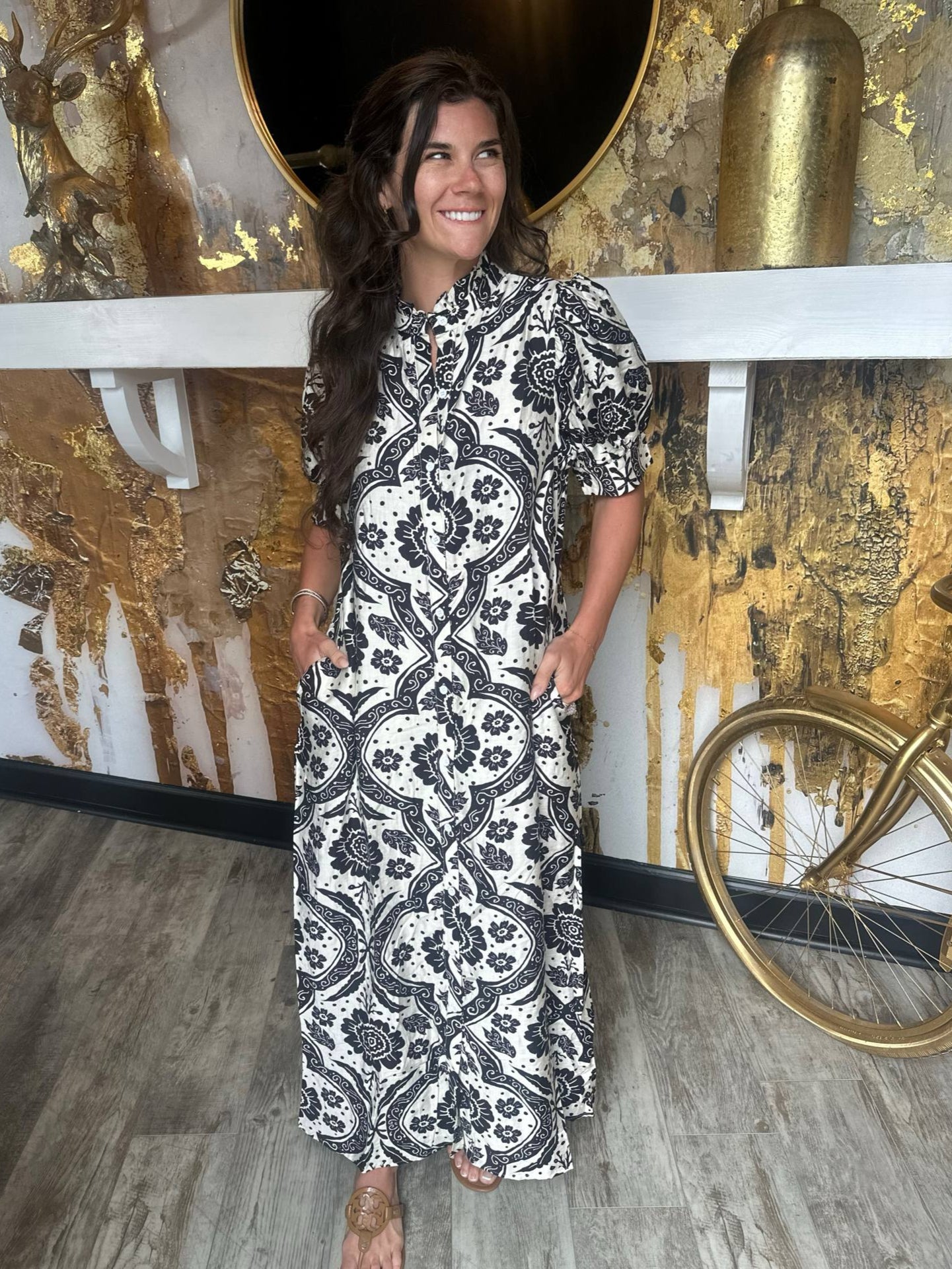 Black Puff Sleeve Button Down Maxi Dress