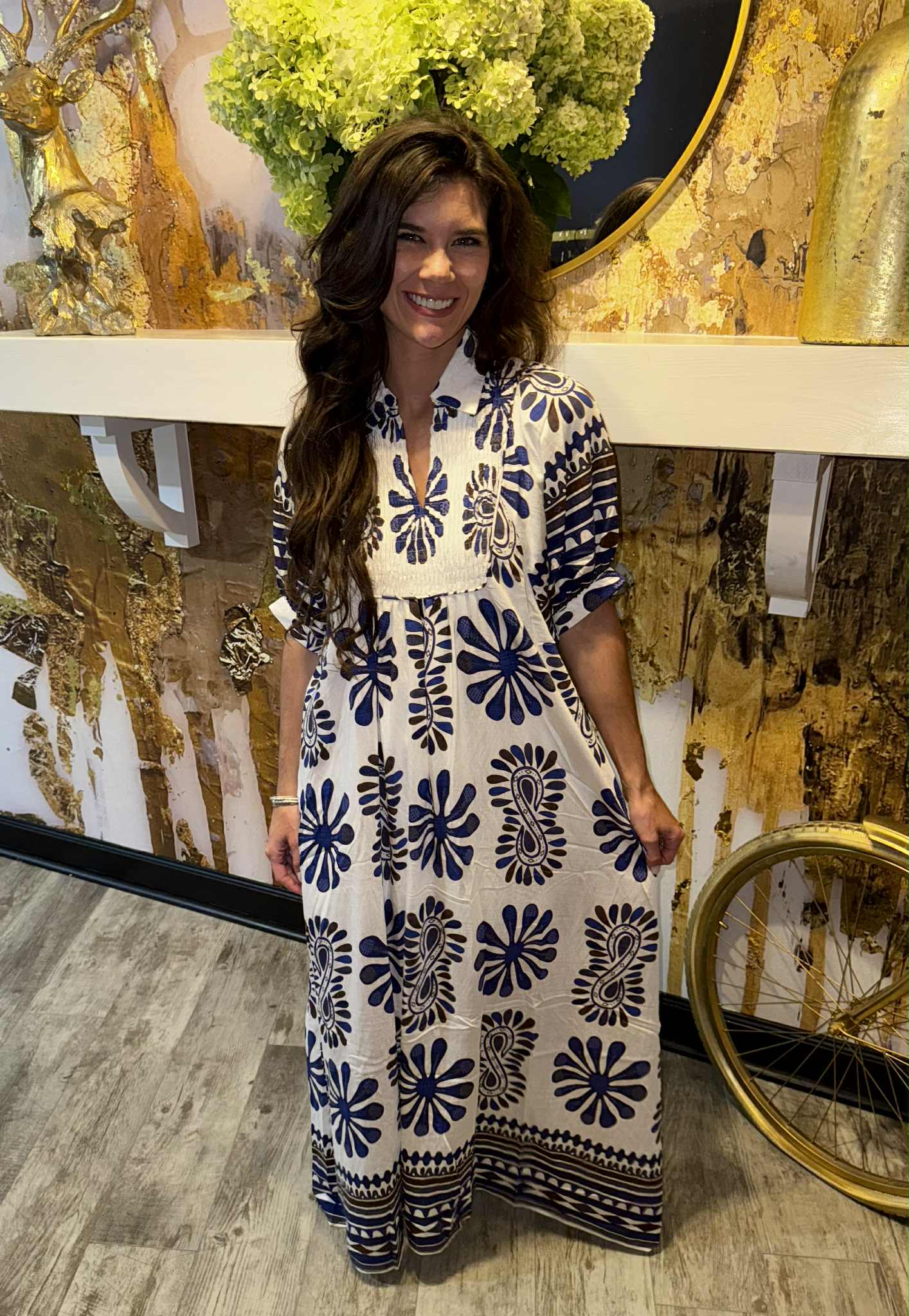 Navy Mix Printed Smocked Yoke Midi Dress