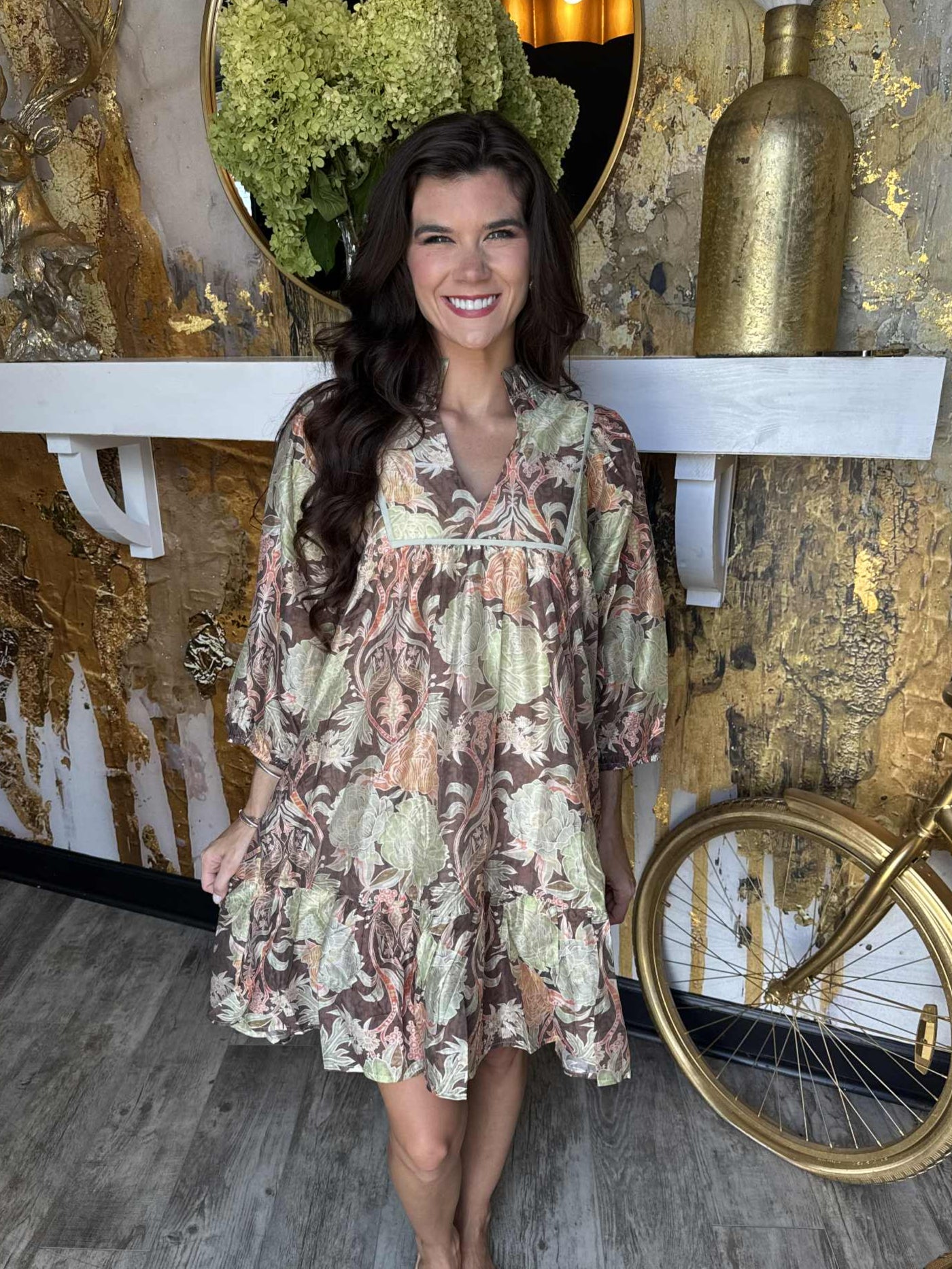 Brown Abstract Print Puff Sleeve Mini Dress