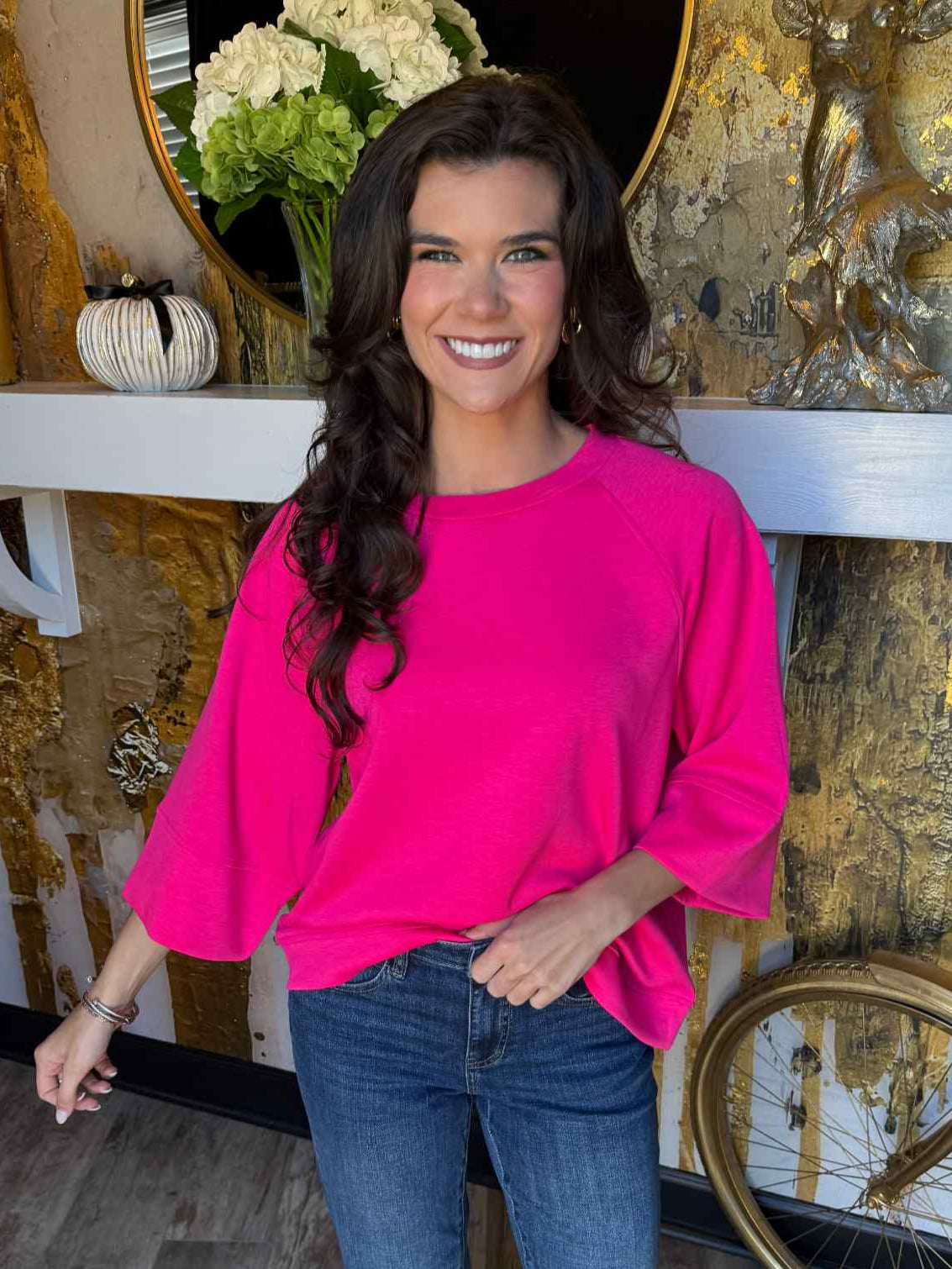 Hot Pink Scuba 3/4 Sleeve Pullover