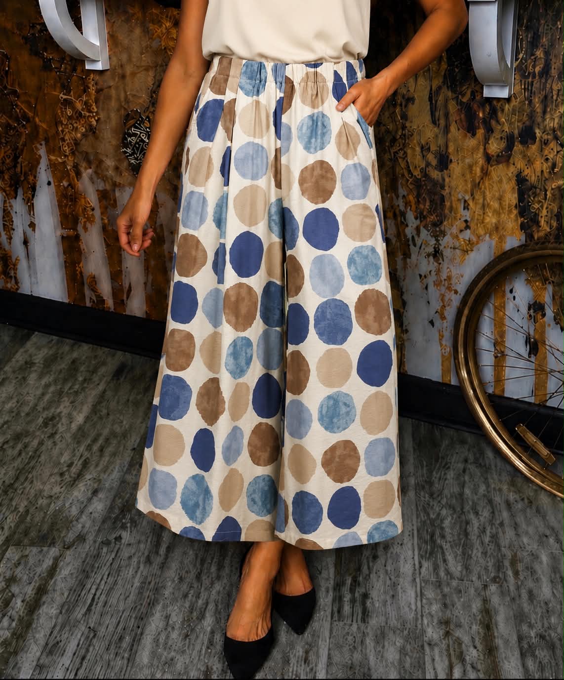 Blue Mix Dot Print Wide Leg Pants
