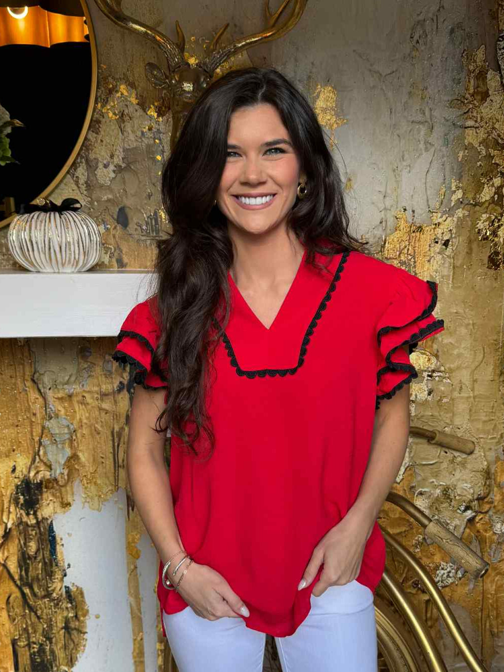 Red & Black Game Day Ruffle Sleeve Scallop Trim Top