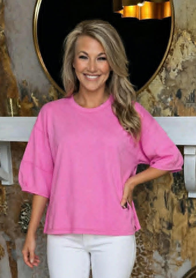 Candy Pink 3/4 Balloon Sleeve Top
