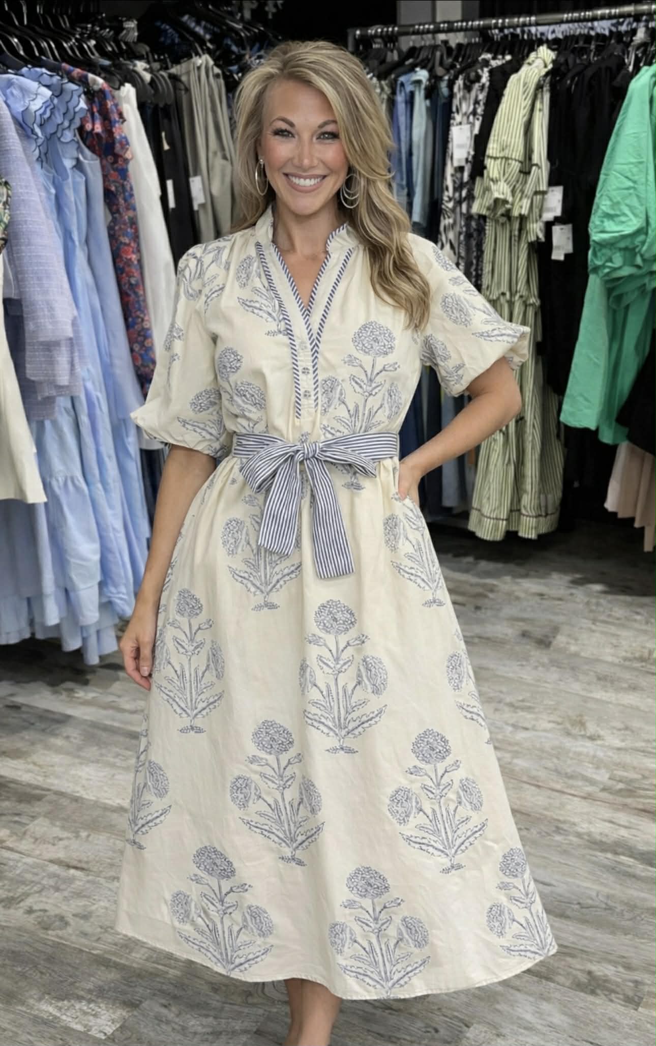 Ecru/Black Floral Print V-Neck Maxi Dress