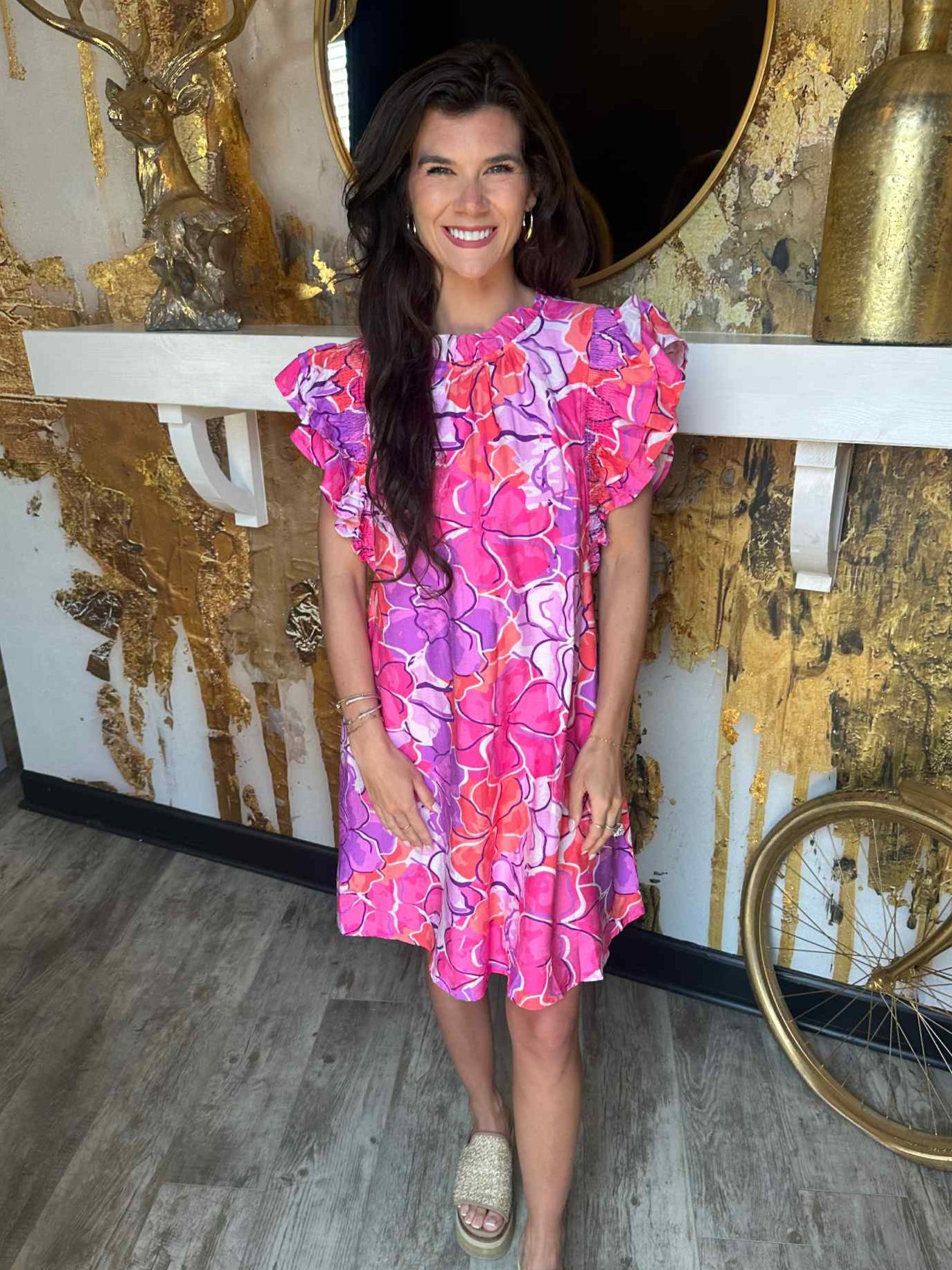 Purple Ruffle Sleeve Floral Mini Dress
