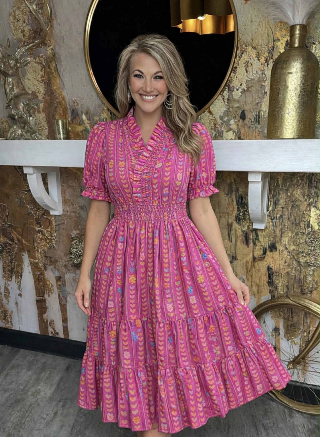 Peony Mix Vibrant Ruffle Smocked Midi Dress