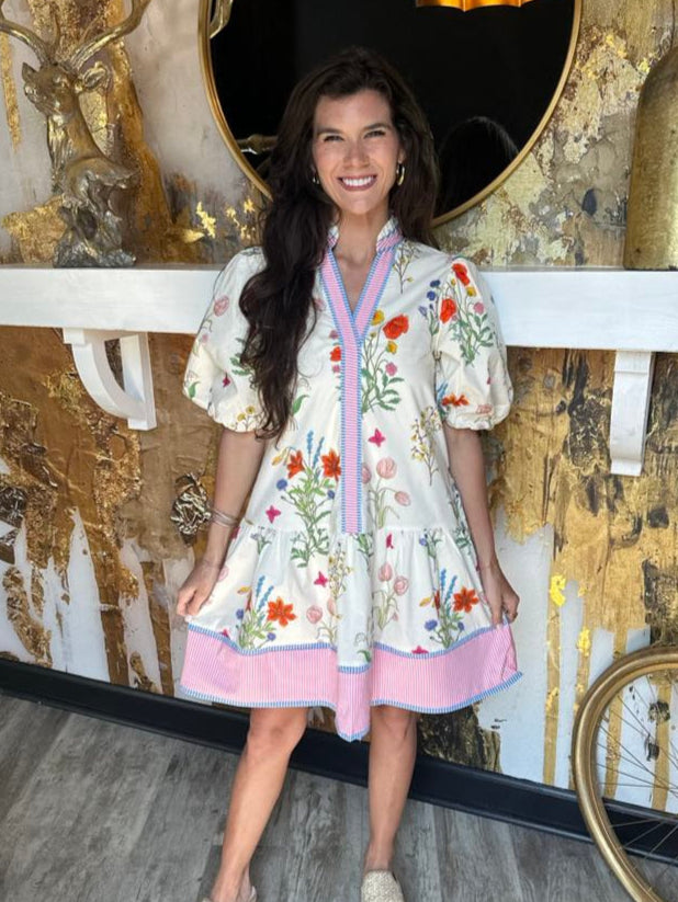 Cream Puff Sleeve Floral Dress
