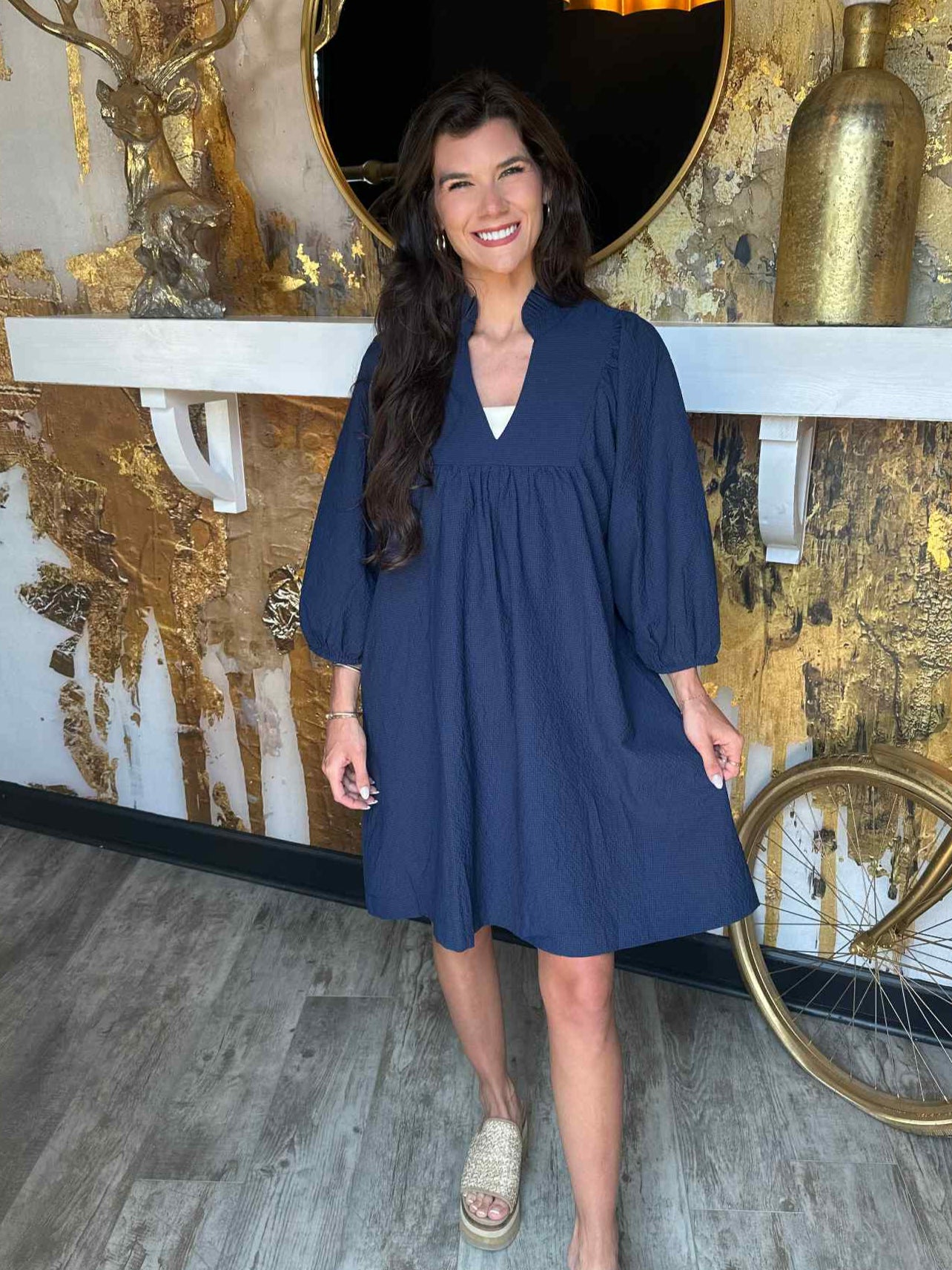 Navy Textured Puff Sleeve Babydoll Dress