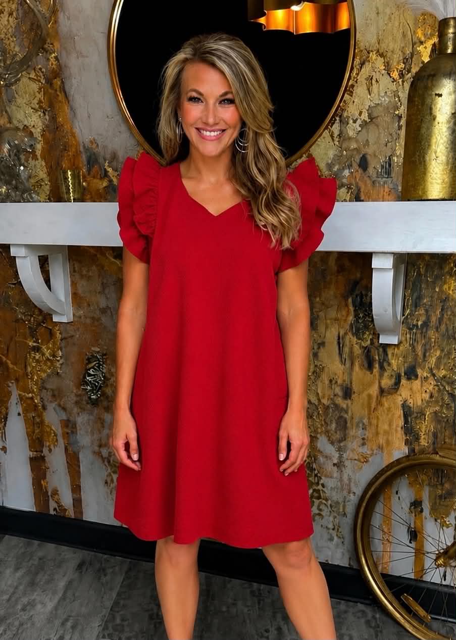 Red Seersucker Ruffle Shift Dress