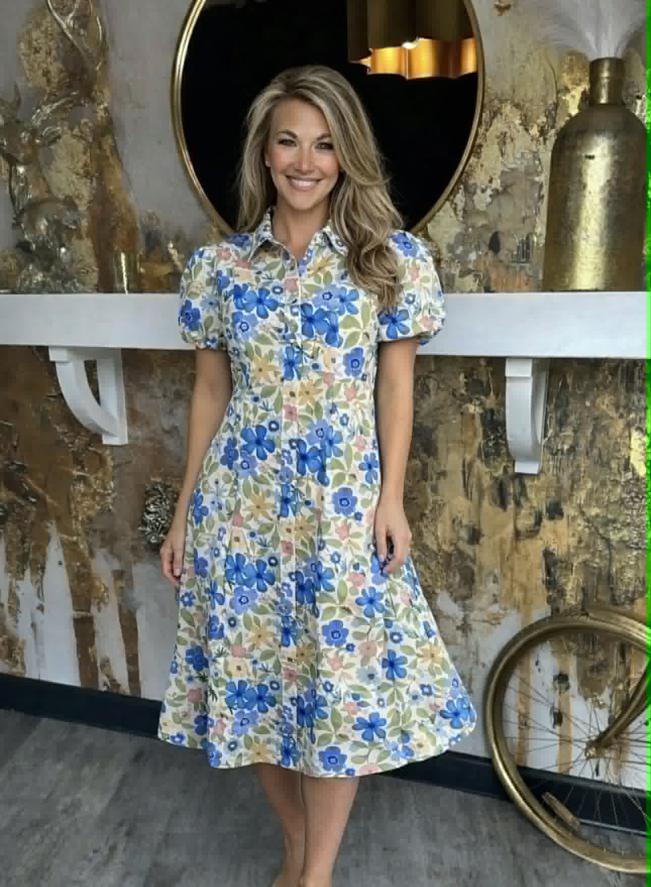 Blue Mix Floral Print Pleated Midi Shirt Dress