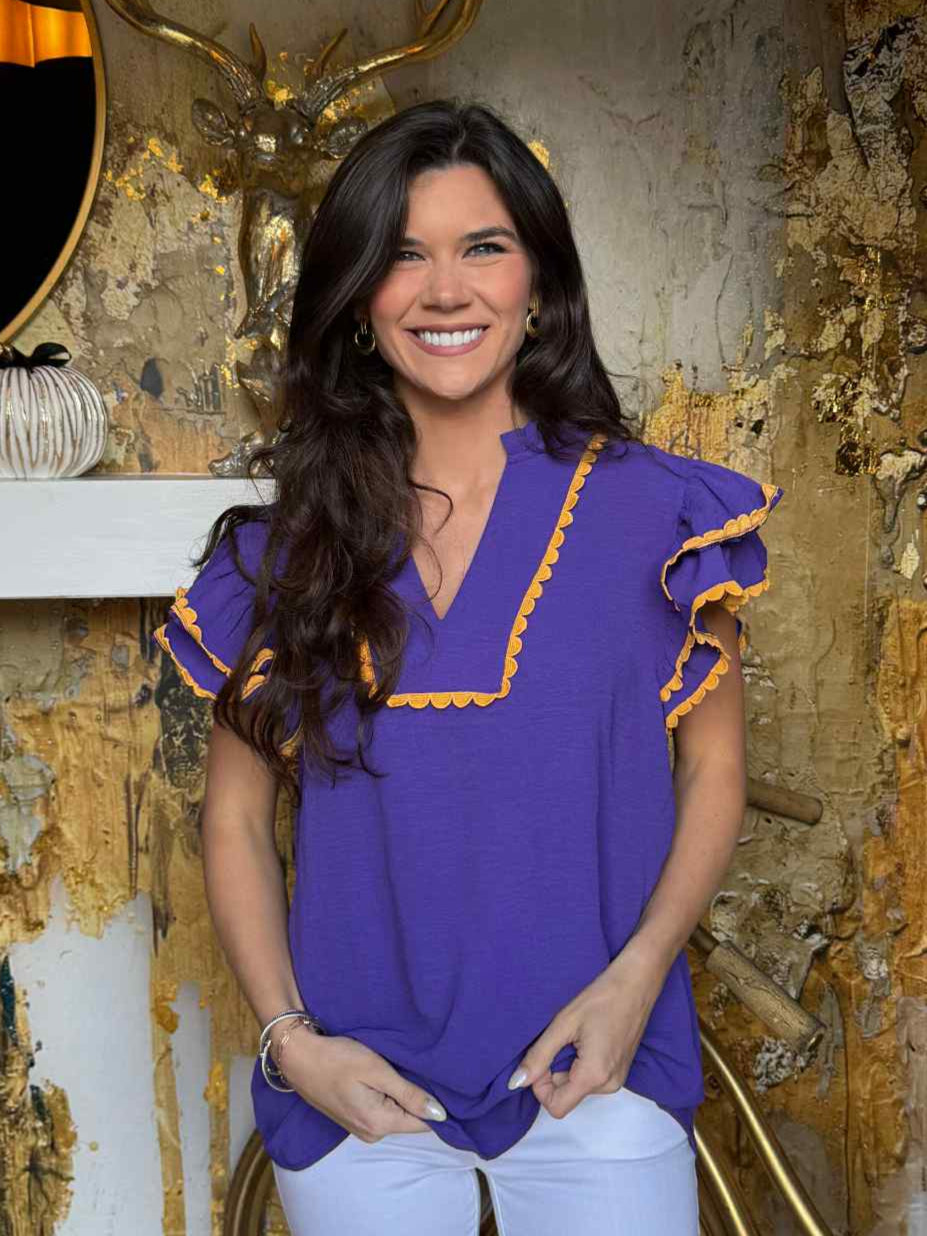 Purple Game Day Ruffle Sleeve Scallop Trim Top