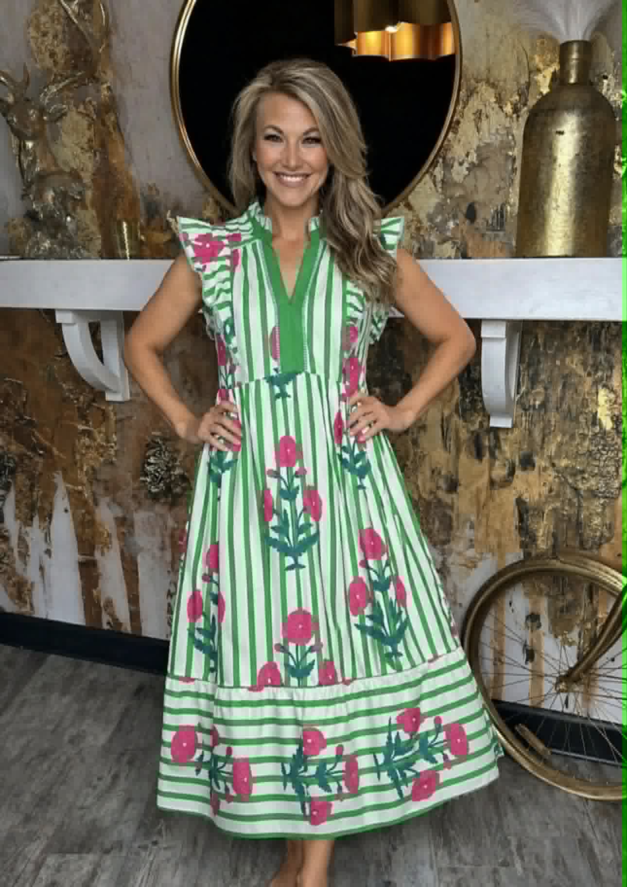 Green Mix Striped Floral Midi Dress