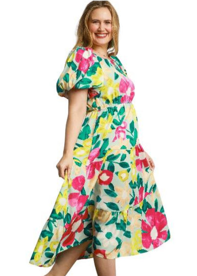 Plus Mint Mix Bold Bloom Tiered Midi Dress