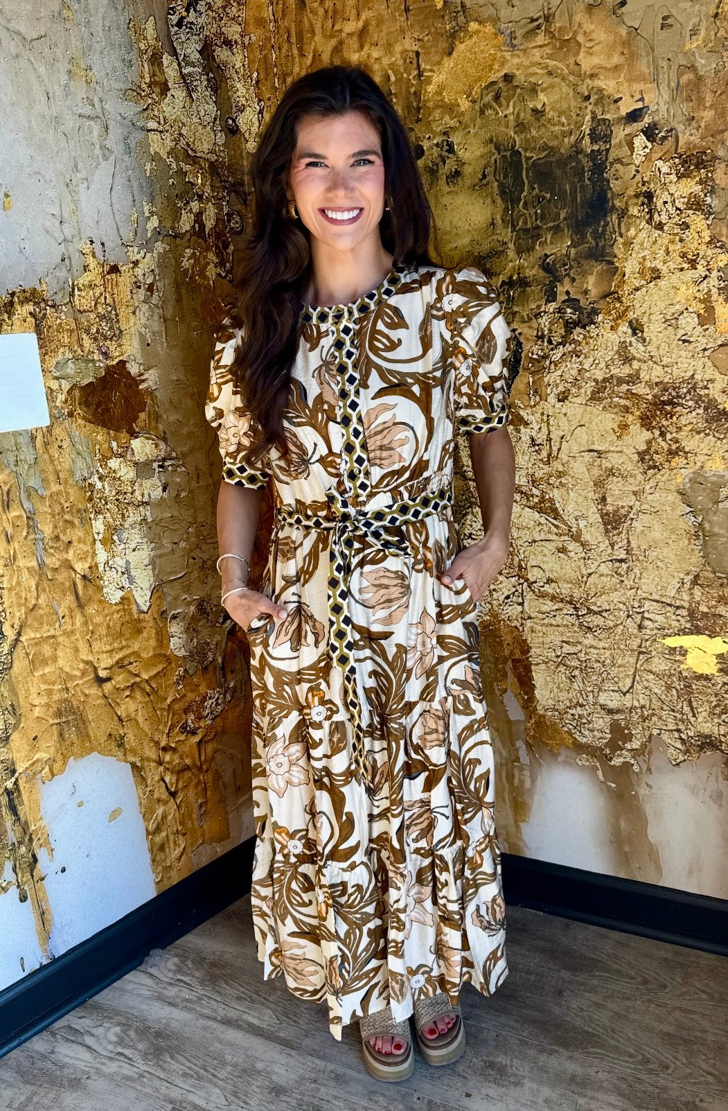 Brown Mix Floral Print Tiered Half Button Dress