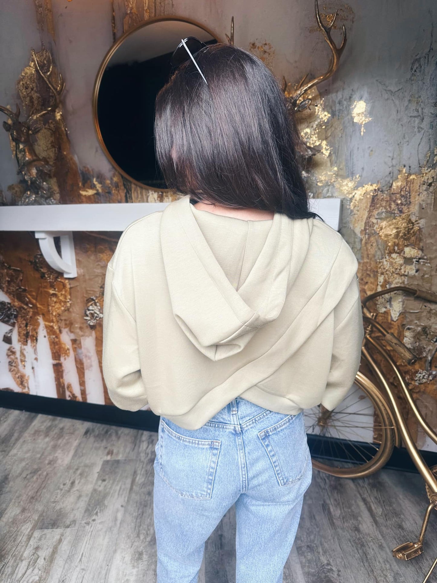 P. Cill Light Olive Scuba Top with Hoodie & Cross Back