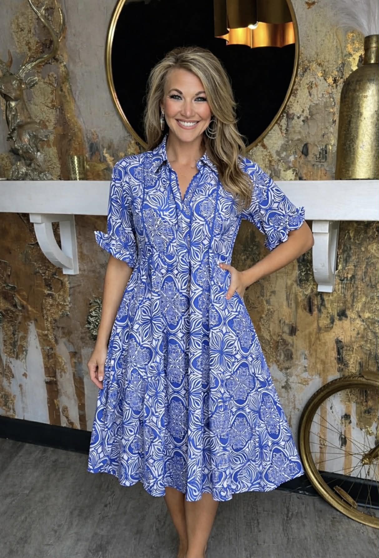 Blue Abstract Print Collared Tiered Midi Dress