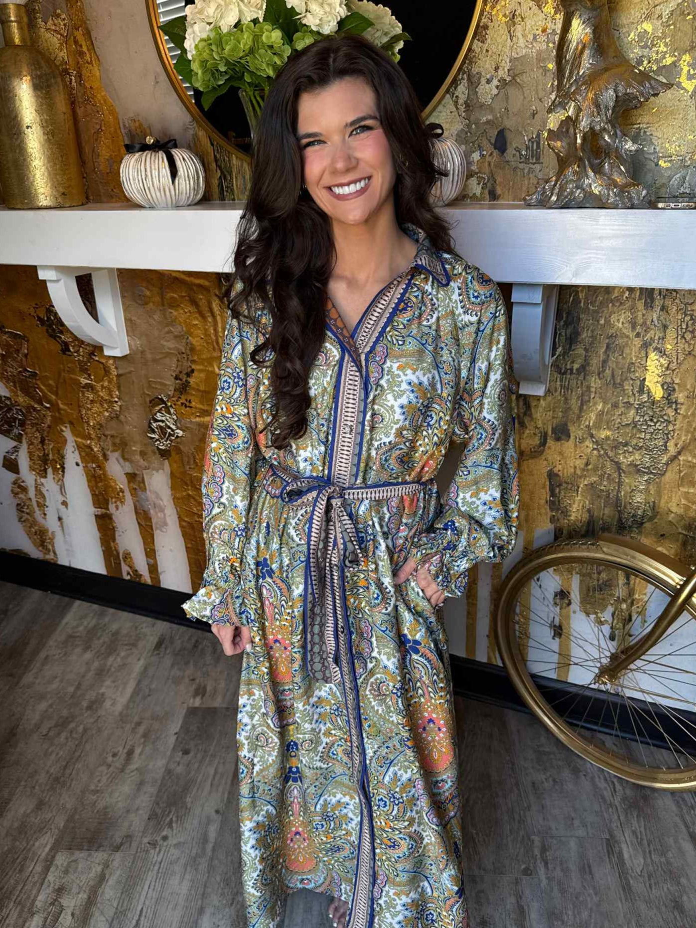 Navy Paisley Mixed Print Belted Midi Shirt Dress