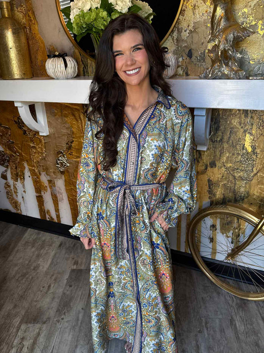 Navy Paisley Mixed Print Belted Midi Shirt Dress