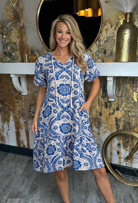 Blue Floral Embroidered V-neck Dress