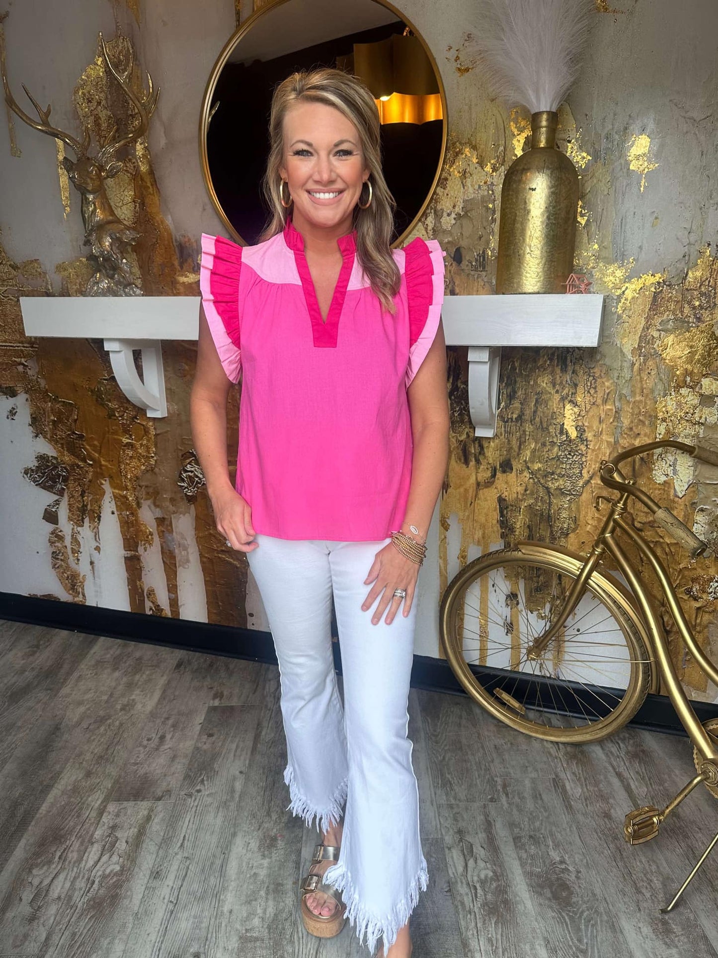 Shades of Pink Flutter Sleeve Multi Color Top