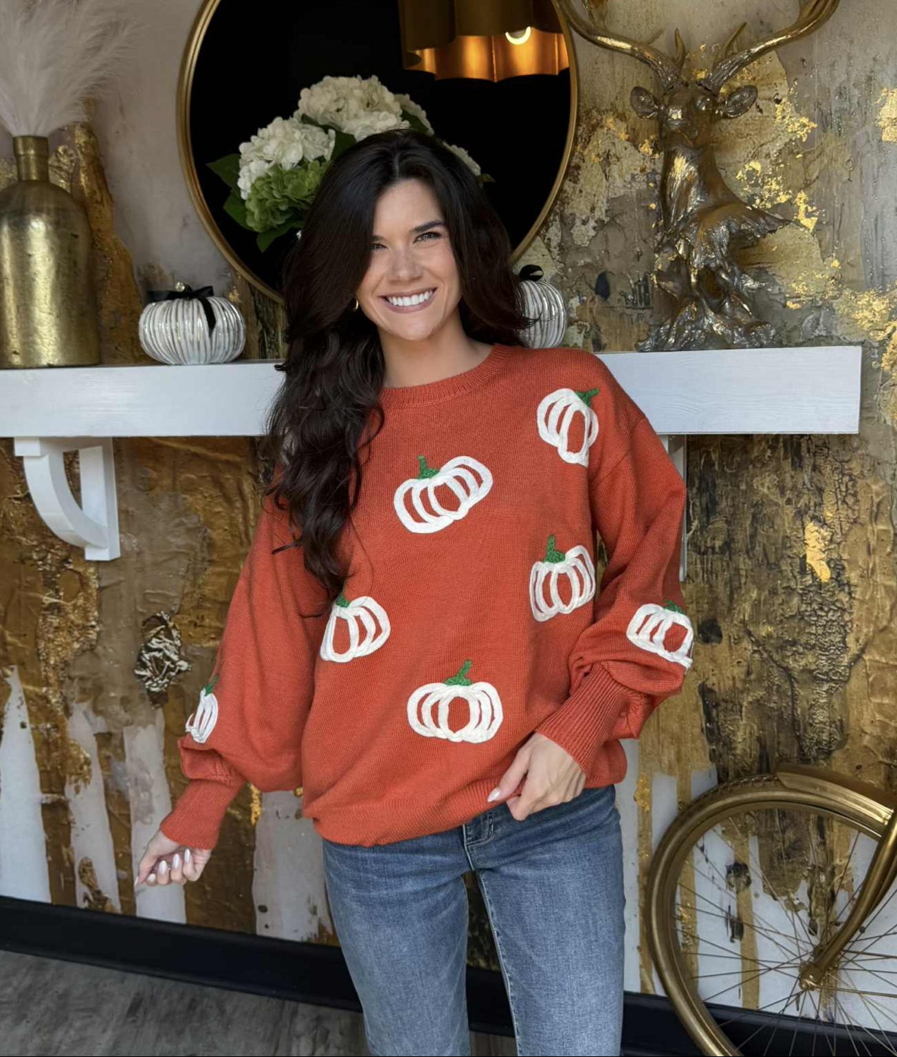 Pumpkin Embroidered Detail Sweater