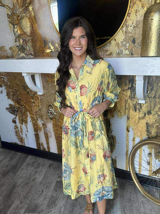 Yellow Floral Print Button Front Closure Shirt Dress