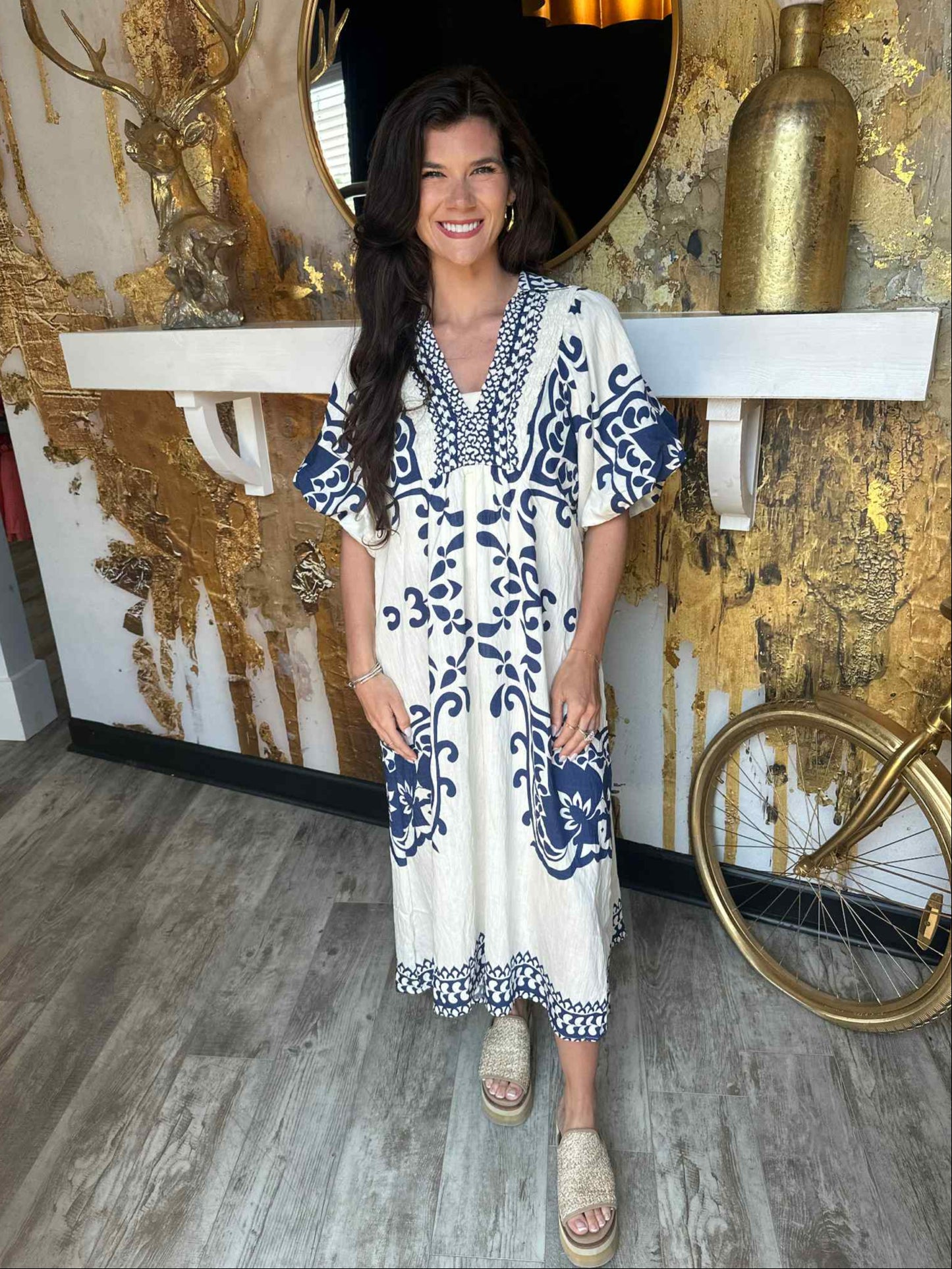 Navy Abstract Border Print Midi Dress