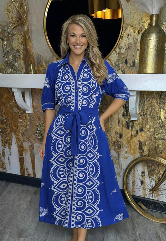 Azure Two Tone Paisley Border Print Maxi Dress