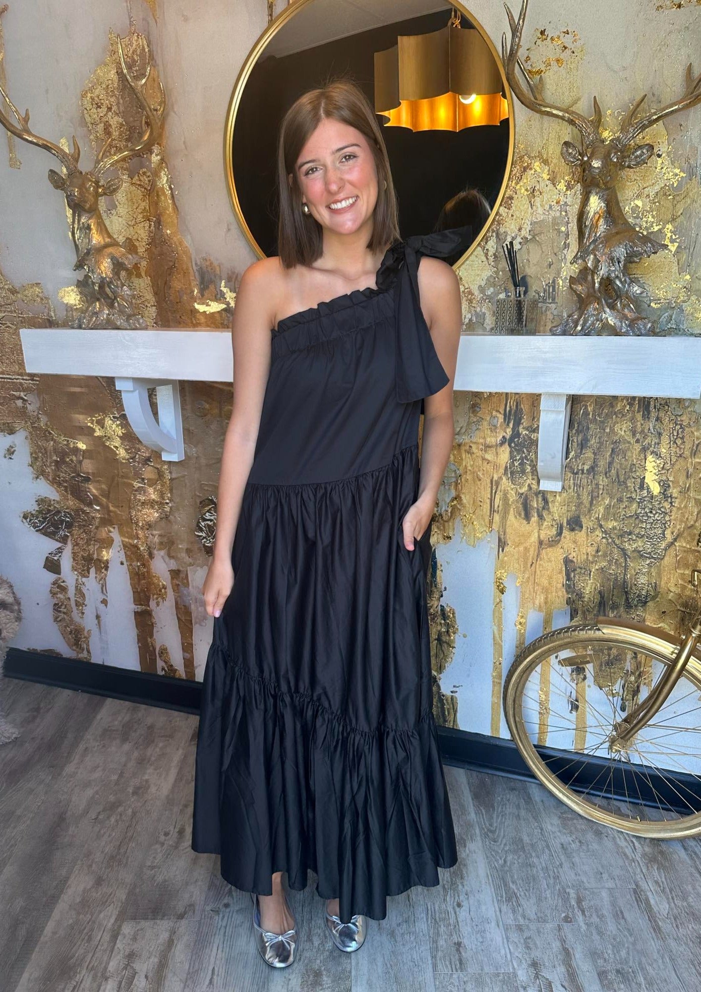 Poplin One Shoulder Ruffle Bottom Maxi Dress