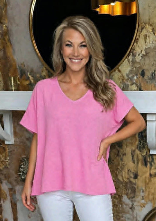 Candy Pink Woven Airflow V-neck Short Sleeve Top